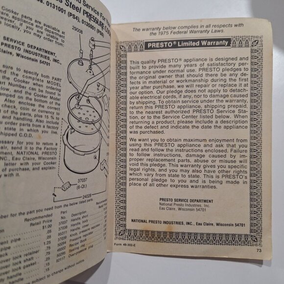 Presto Pressure Cooker Recipe Booklet Manual 1970s Vintage Instructions Meals - Picture 8 of 9